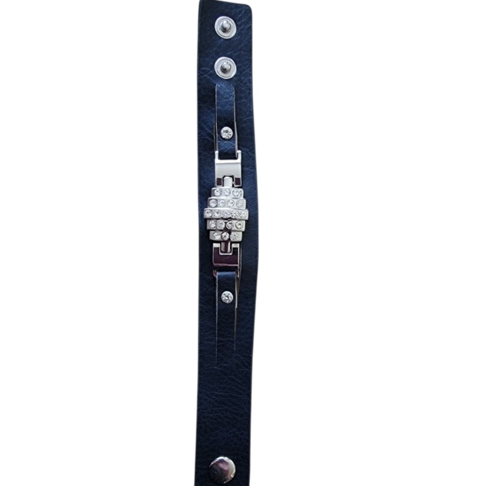 Black and Silver Leather Bracelet with Metal Embellishments